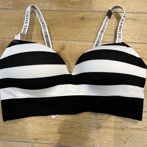 Victoria's Secret padded T-shirt Style BRA Wireless Sz L Black and White Stripe - Picture 3 of 12